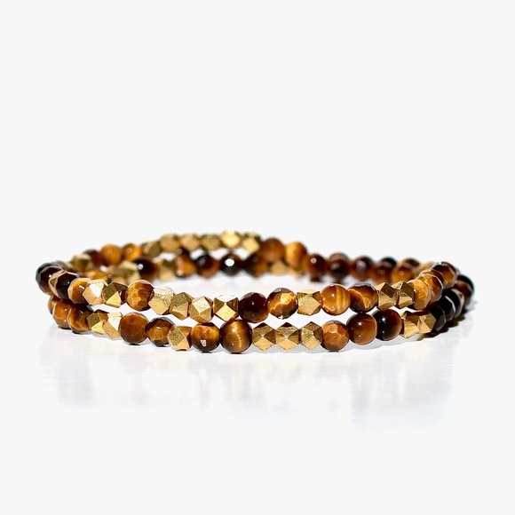 18k Vermeil Set Of Three Tiger Eye and Mother Of Pearl Stretch Bracelet - Picture 4 of 4